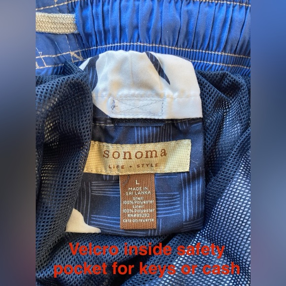 Mens Sonoma Blue and White Floral Swim Trunks - Large Swimsuit Board Shorts - Picture 4 of 6